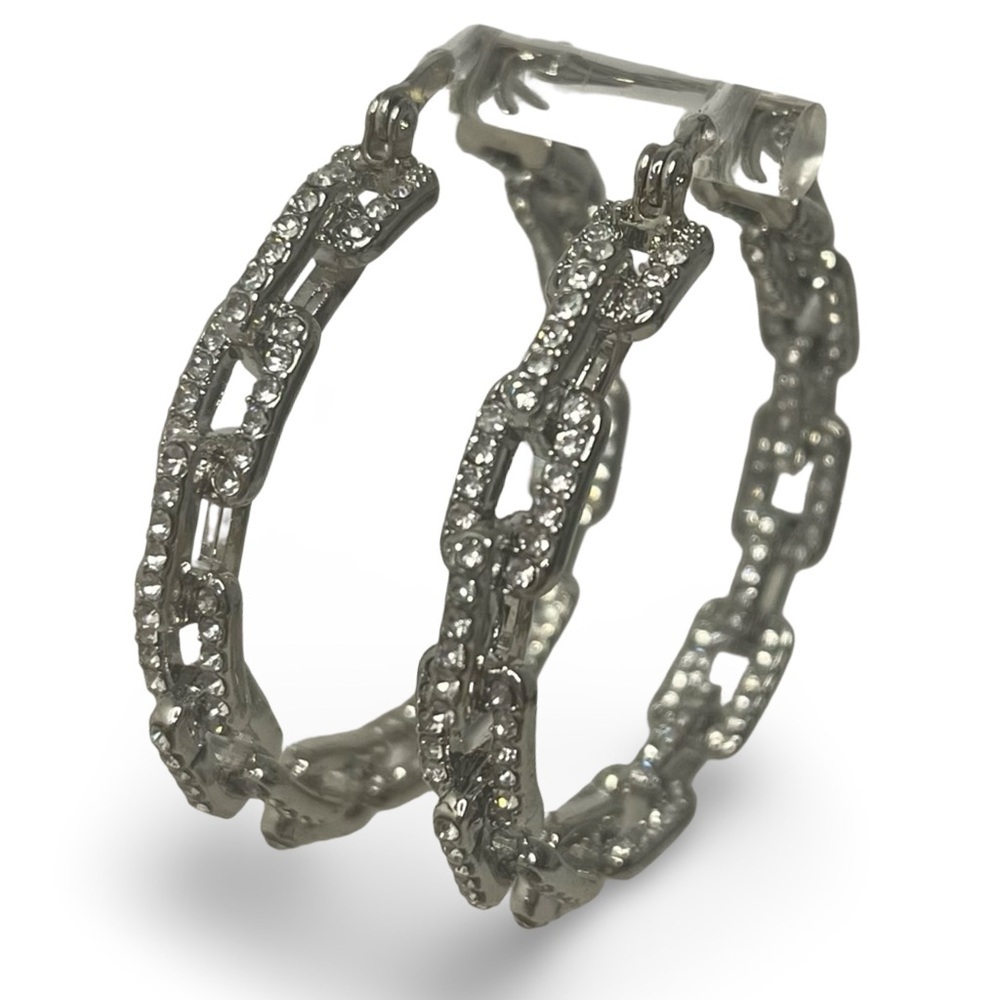 Silver Hoop Earrings with Rhinestone Detailing